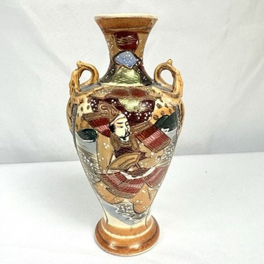 Vintage Japanese Satsuma Earthenware Vase Samurai & Floral Moriage Hand Painted